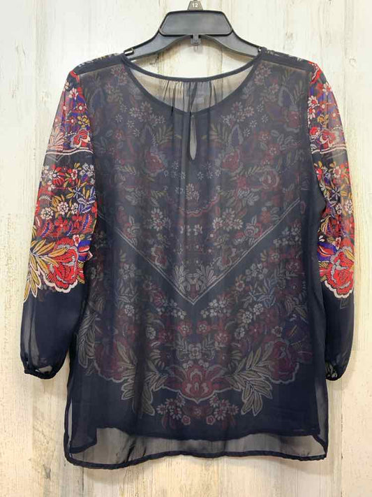 PRE-OWNED LIZ CLAIBORNE Tops Size M NAVY/RED/TAN Floral SHEER TOP/SHEER LONG SLE