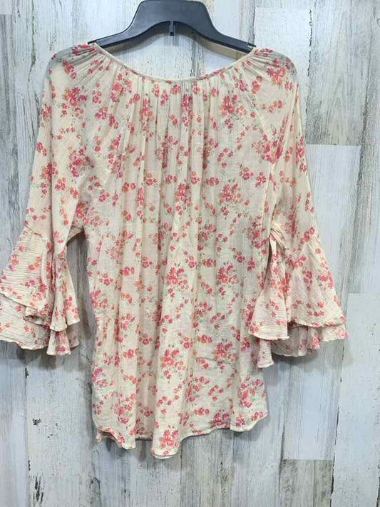 PRE-OWNED CHAPS Tops Size L BEIGE/MULTI Floral 3/4 SLEEVE TOP/BUTTON NECK W/RUFF