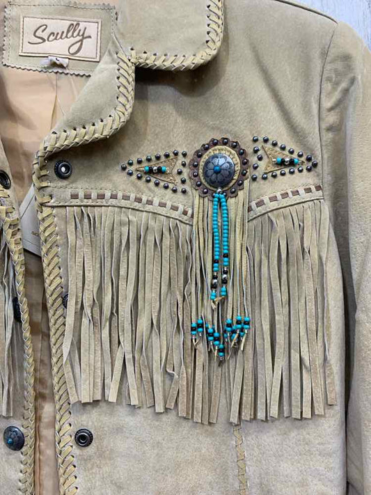 NWT SCULLY JACKETS / COATS Size L Beige LEATHER Jacket FRINGE & BEADED BOAR SUED