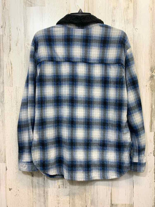 NWT JUST POLLY Tops Size M BLK/GRAY/BLU Plaid LONG SLEEVES Shirt