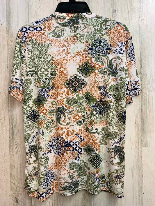 PRE-OWNED SOUTHERN LADY Tops Size M GRN/WHT/BRN FLORAL/PAISLEY SHORT SLEEVES TOP