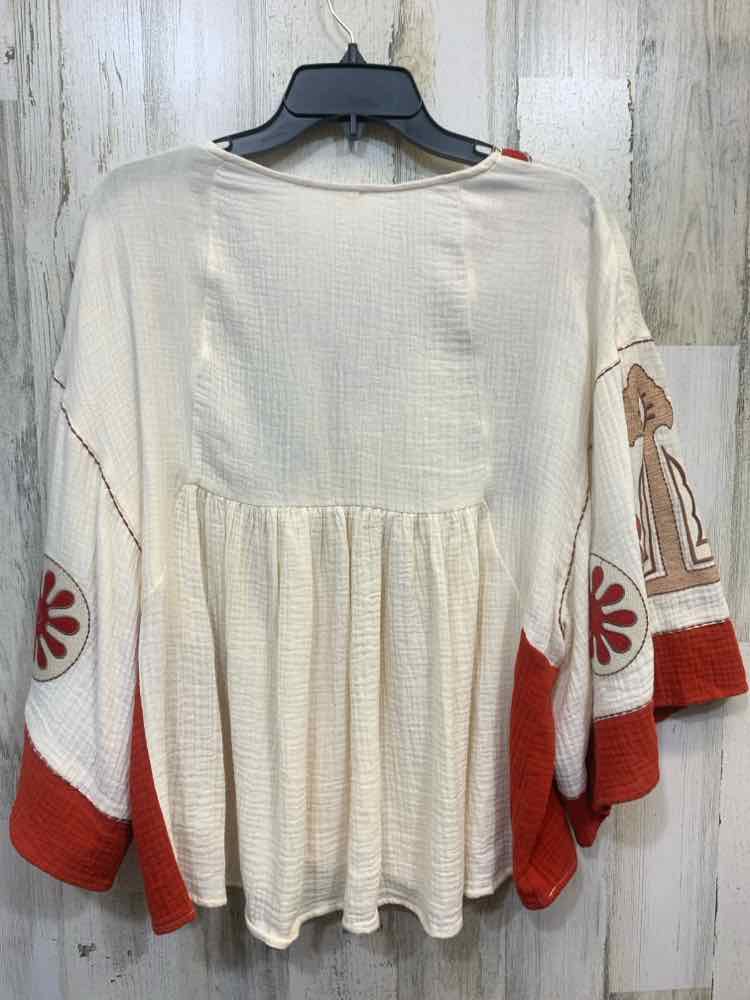PRE-OWNED EASEL Tops Size S CREAM/CORAL STEM(S) PONCHO Blouse/PONCHO TOP W/ FLOU