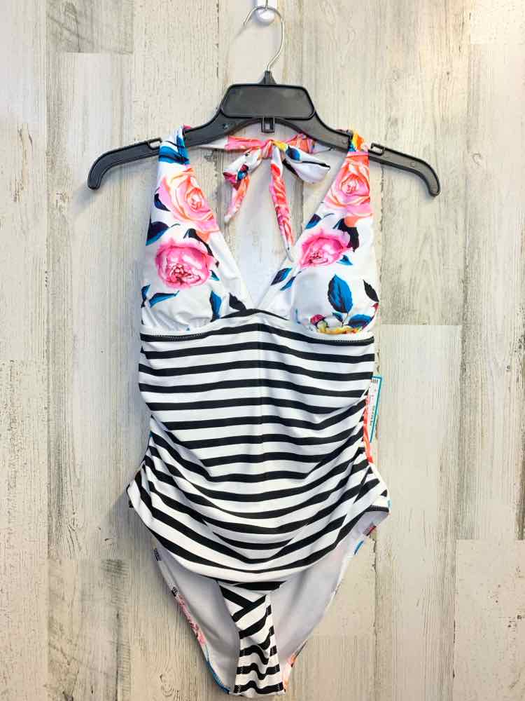 NWT CUPSHE Swimwear Size L BLK/WHT/PNK STRIPE/FLORAL ONE PIECE Swimsuit
