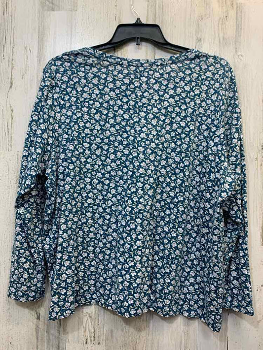 PRE-OWNED LANDS END PLUS SIZES Size 2X WHT/TEAL Floral LONG SLEEVES TOP/V NECK