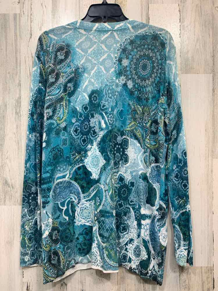 PRE-OWNED CHICOS Tops Size 3 TEAL/AQUA Paisley CARDIGAN Cardigan/OPEN FRONT LONG
