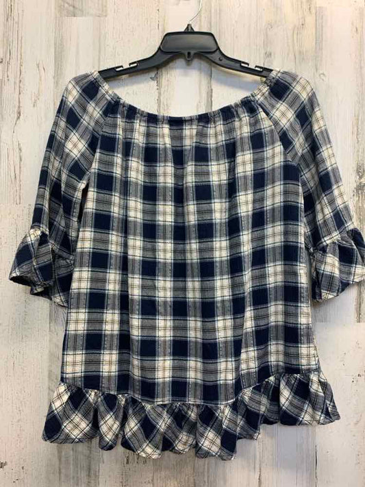 PRE-OWNED WESTPORT 1962 Tops Size XL NAVY/WHITE/GOLD Plaid 3/4 LENGTH TOP
