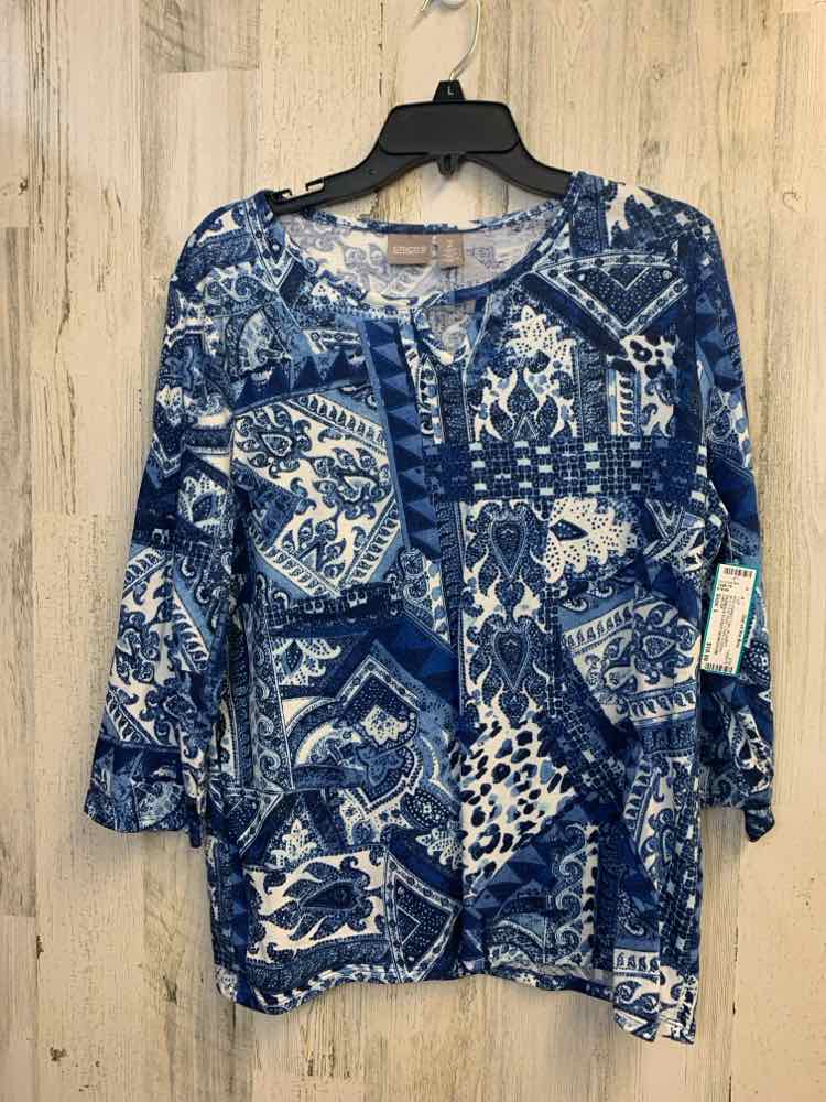 PRE-OWNED CHICOS Tops Size L BLU/WHT MULTI-PATTERN LONG SLEEVES TOP
