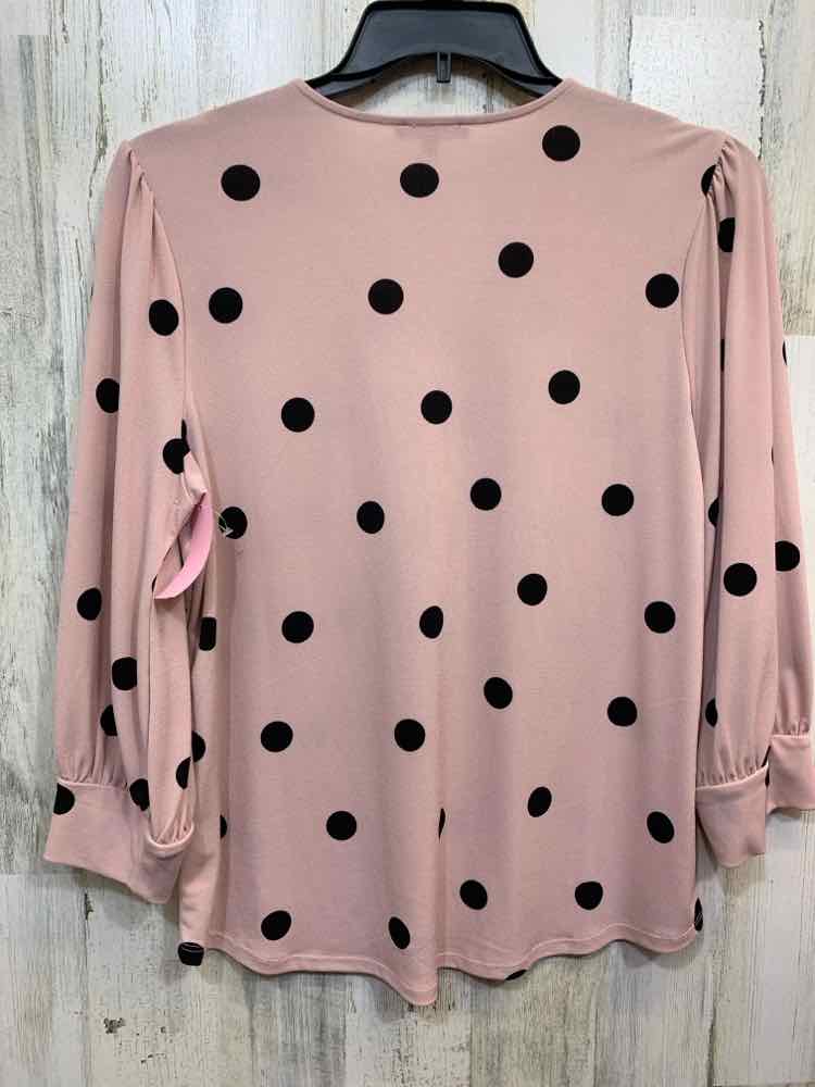 PRE-OWNED ADRIANNA PAPELL Tops Size L BLK/PNK Polka Dot 3/4 CROSS ZIP Blouse