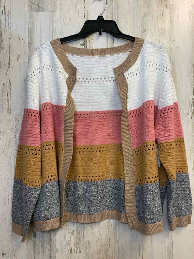 EMERY ROSE PLUS SIZES Size 2X WHT/PINK/GOLD/GRAY Stripe CARDIGAN Cardigan