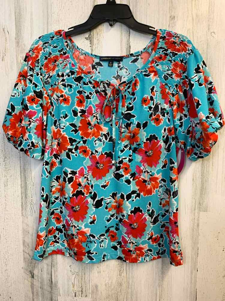ADRIENNE VITTADINI Tops Size M AQUA/RED/BLK Floral PUFF SLEEVES TOP