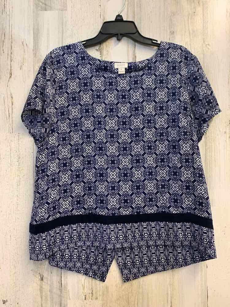 PRE-OWNED J CREW Tops Size XL NVY/WHT PATTERN SHORT SLEEVES TOP