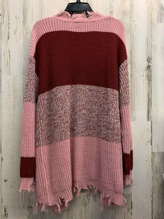 PRE-OWNED DEREK HEART Tops Size L PINK/WINE STRIPES CARDIGAN Cardigan/PINK/WINE