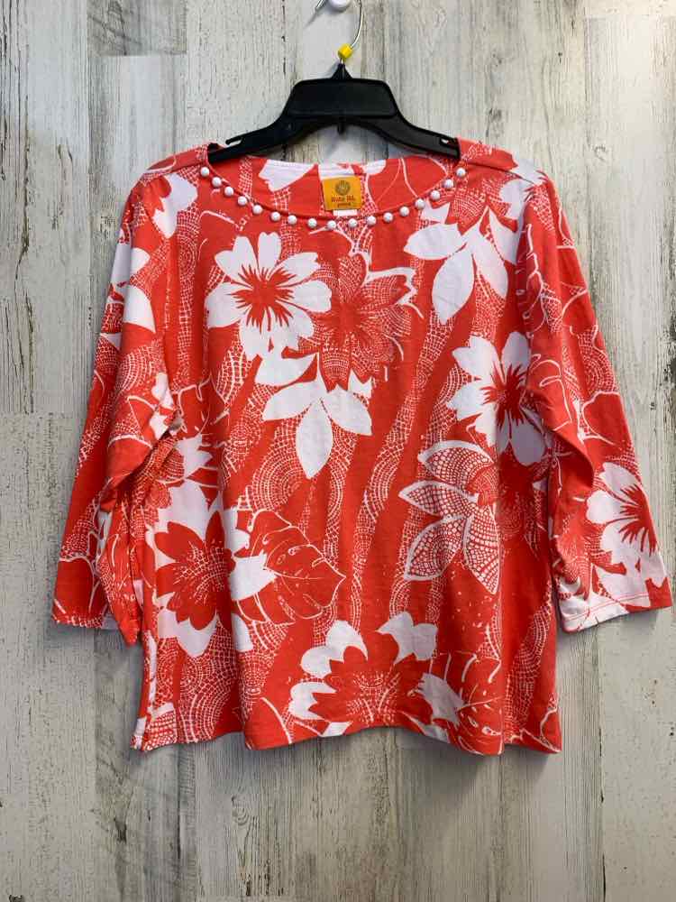 PRE-OWNED RUBY RD Tops Size PXL SALMON/WHT Floral LONG SLEEVES TOP