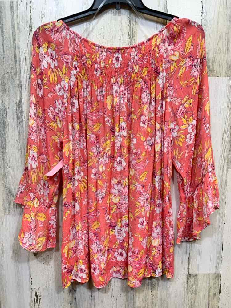 MULTIPLES Tops CORAL Floral Blouse/3/4 RUFFLE SLEEVES/WHT/YELOW FLOWERS