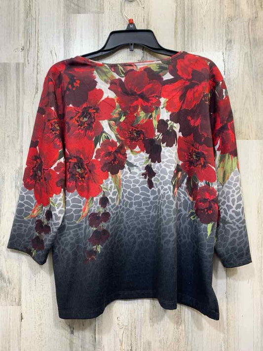 ALLISON DAILEY Tops Size PXL RED/GRAY FLOWERS 3/4 LENGTH TOP
