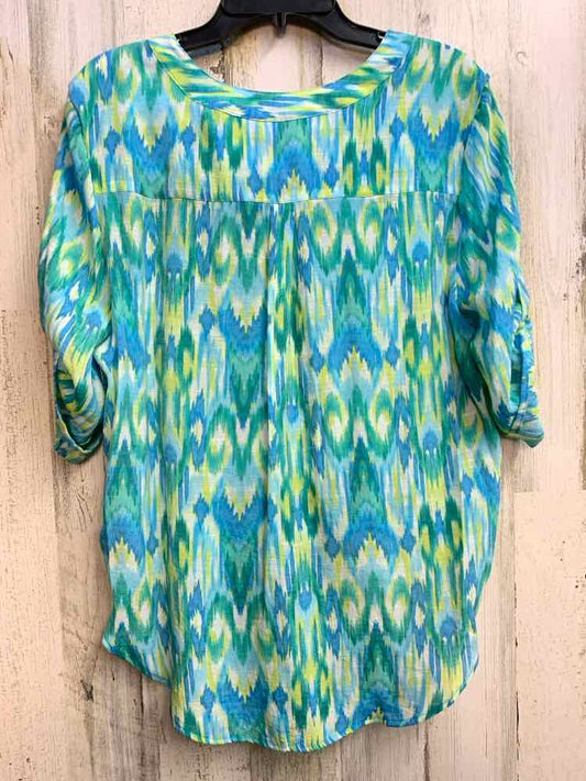 PRE-OWNED RUBY RD Tops Size L BLU/GRN ABSTRACT 3/4 SLEEVE TOP