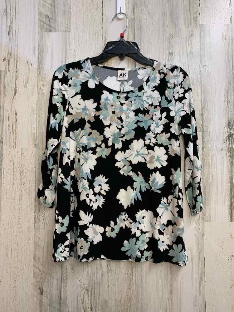 NWT ANNE KLEIN Tops Size PXS BLK/WHT/AQUA Floral 3/4 LENGTH TOP