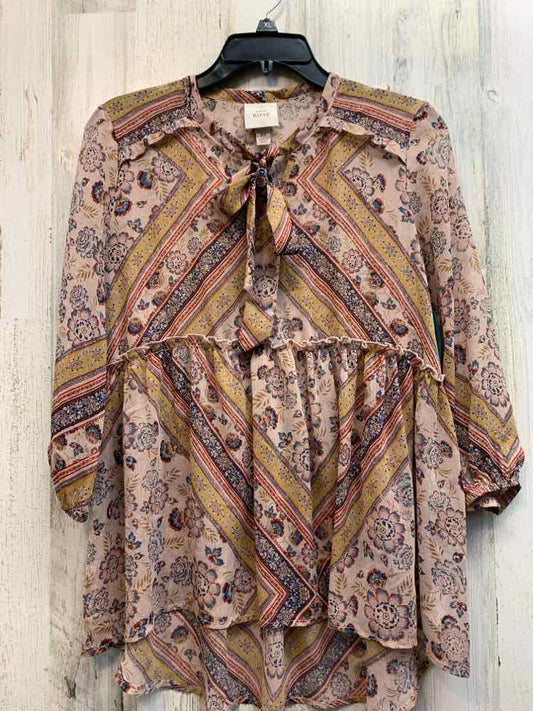 KNOX ROSE Tops Size XS ROSE/RED/BLU/YEL SHEER FLORAL/PATCHWORK 3/4 LENGTH TOP