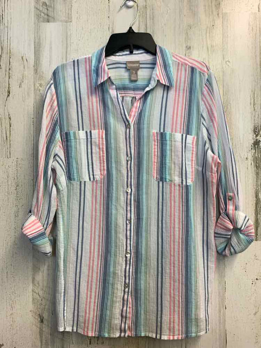 PRE-OWNED CHICOS Tops Size XL BLU/PNK/WHT Stripe LONG SLEEVES TOP
