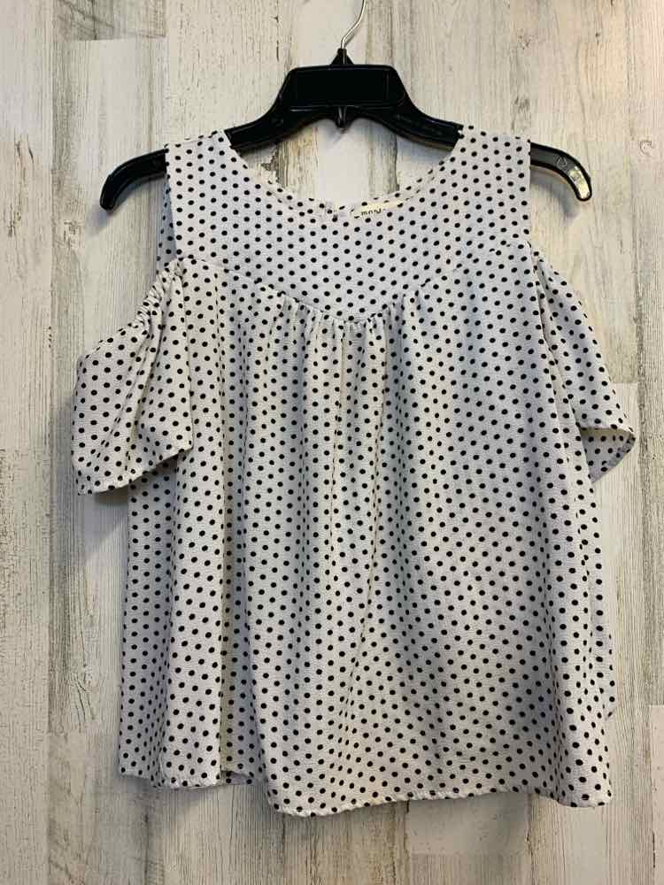 PRE-OWNED MONTEAU Tops Size L WHT/BLK Polka Dot RUFFLE SLEEVE TOP