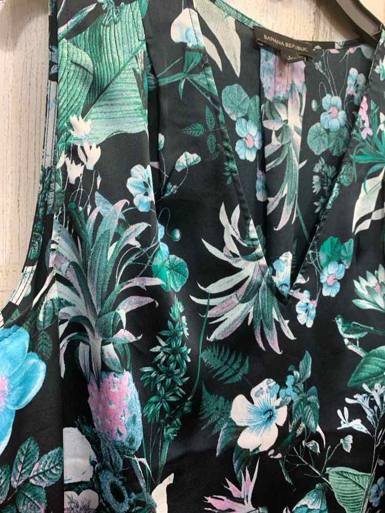 PRE-OWNED BANANA REPUBLIC Tops Size L BLACK/AQUA/PINK/GREEN TROPICAL Blouse/SLEE