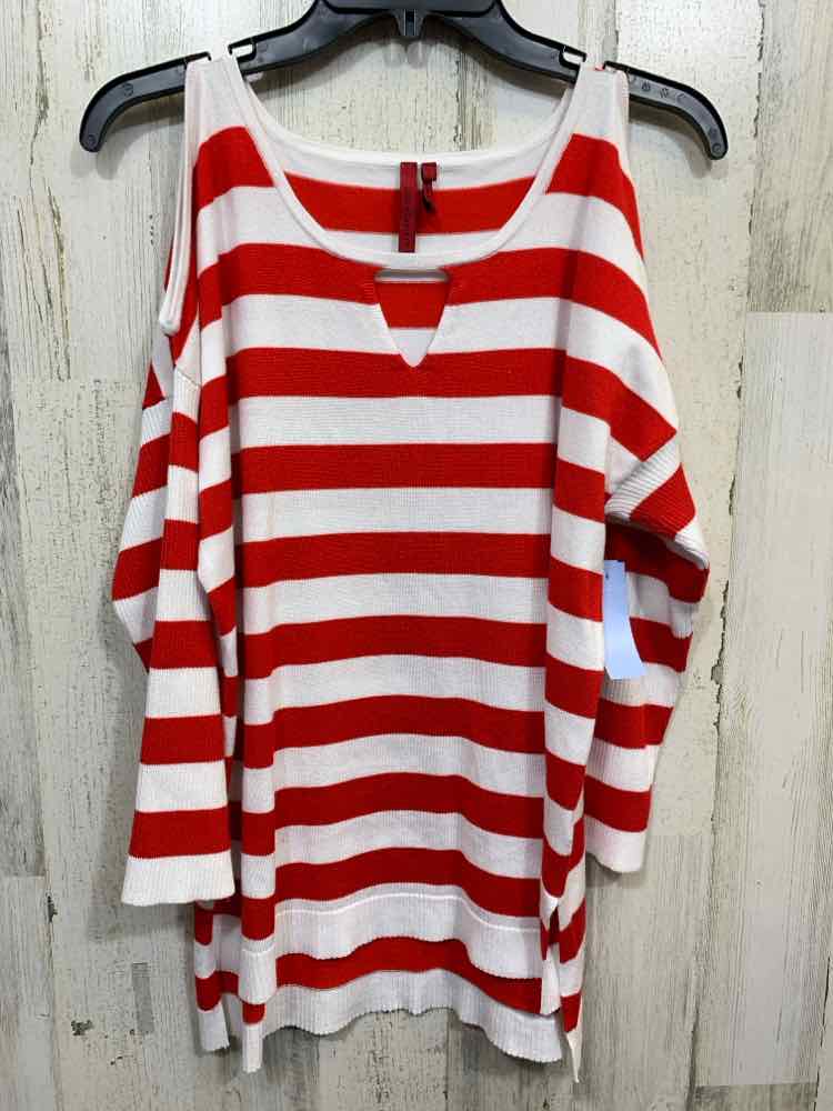 PRE-OWNED LOVE SCARLETT Size L Tops WHT/RED Stripe COLD SHOULDERS Shirt