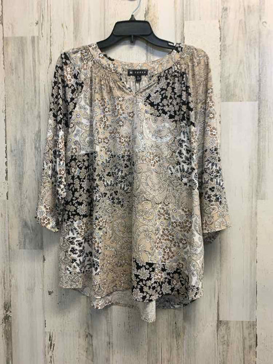 PRE-OWNED N TOUCH Tops Size L WHT/BLK/BGE Floral 3/4 SLEEVE Blouse