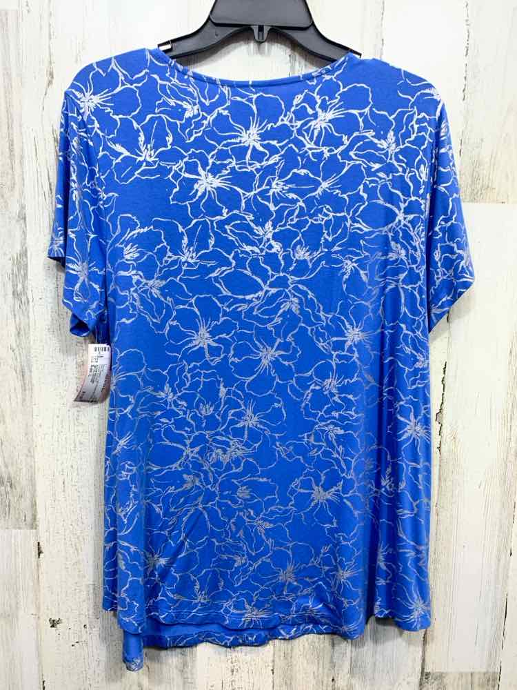 PRE-OWNED JM COLLECTION Tops Size L BLU/SILVER Floral SHORT SLEEVES Blouse