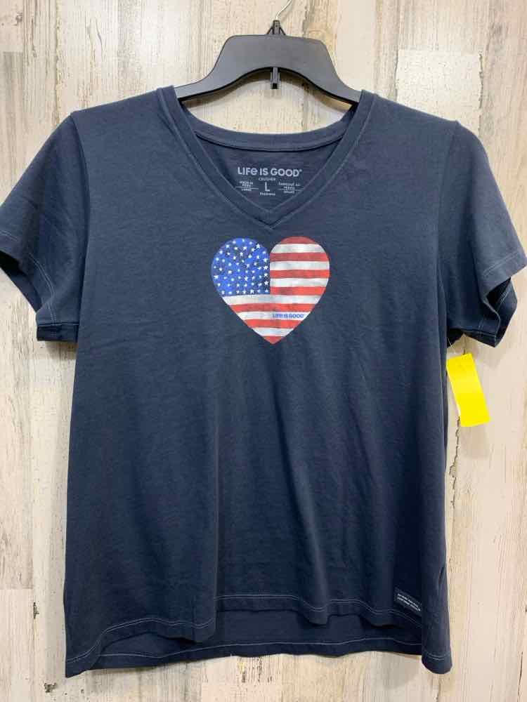 PRE-OWNED LIFE IS GOOD Tops Size L NVY/RED/WHT/BLU VNECK SHORT SLEEVE T-shirt/AM