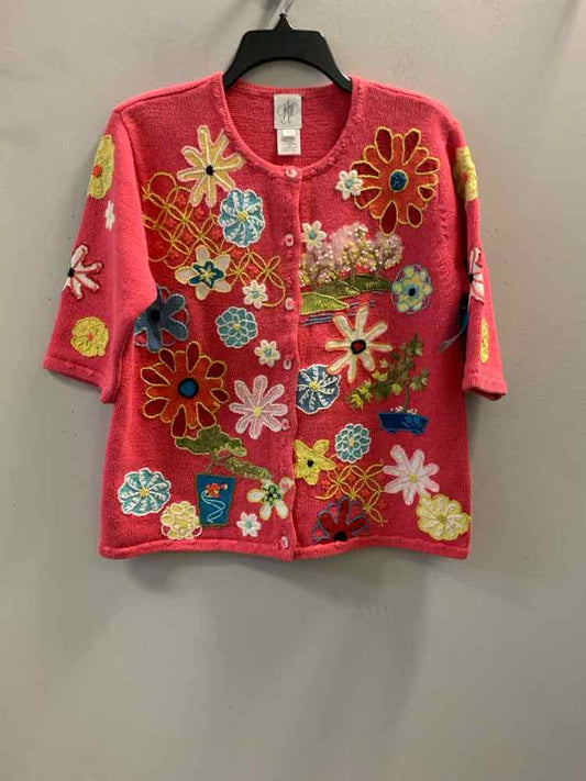 FISHER HILL Tops Size M PNK/MULTI-COLOR Floral SHORT SLEEVES Cardigan