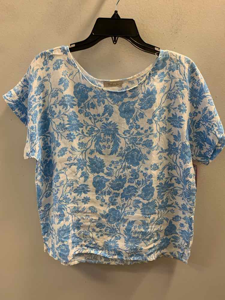 BELLUMBIA Tops Size S WHT/BLUE Floral CAP SLEEVE LINEN TOP