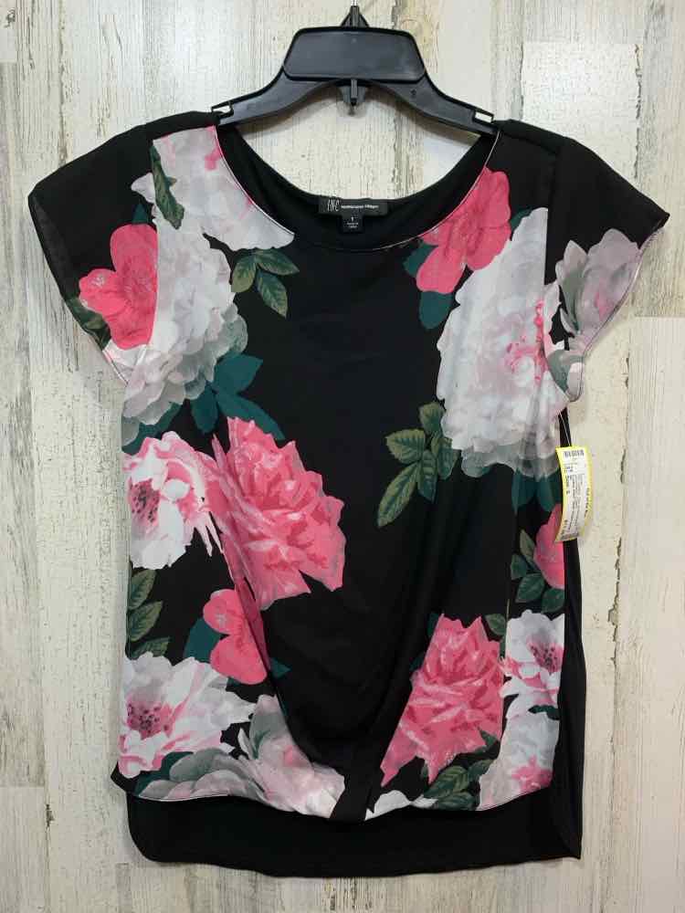 PRE-OWNED INC/FLORAL PRINT TWIST FRONT SHORT SLEEVE WOVEN FRONT/KNIT BACK HI/LO