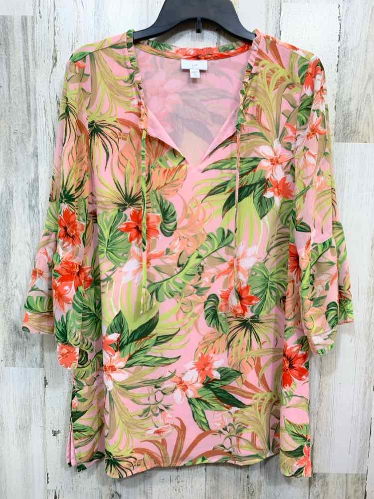 PRE-OWNED J JILL Tops Size M PINK/GREEN/CORAL TROPICAL FLOWY Shirt/TROPICAL FLOW