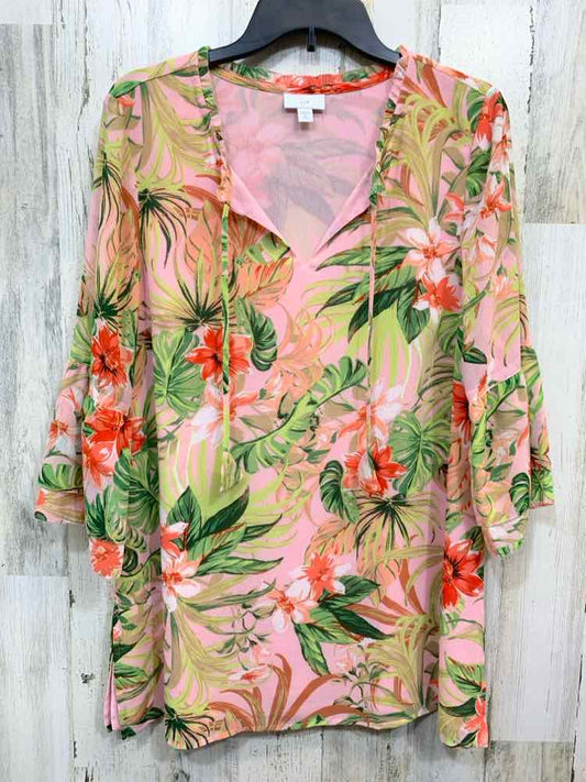 PRE-OWNED J JILL Tops Size M PINK/GREEN/CORAL TROPICAL FLOWY Shirt/TROPICAL FLOW