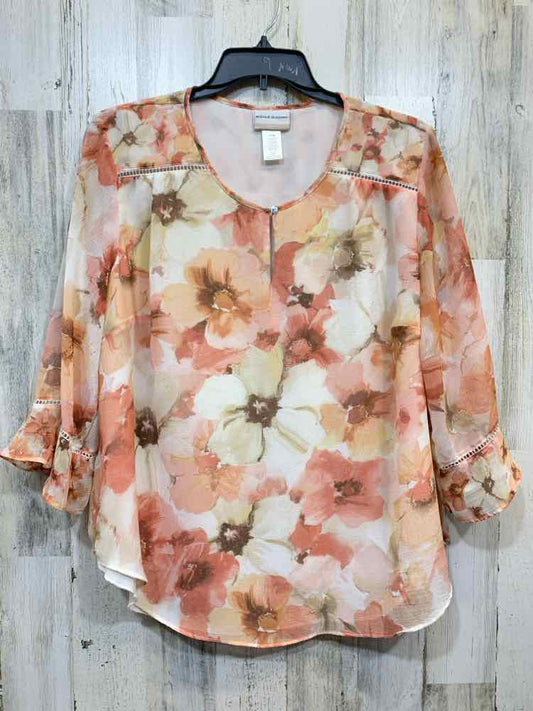 PRE-OWNED ALFRED DUNNER Tops Size 18W PCH/WHT/YLW/BGE SHEER Floral TOP/CREW NECK