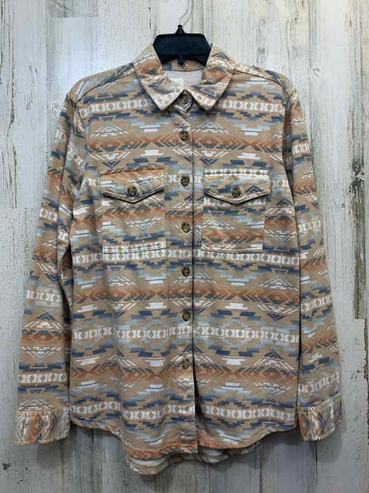 PRE-OWNED WALLFLOWER Tops Size L TAN/ORANGE/BLUE/WHITE TRIBAL BUTTON UP TOP/LONG
