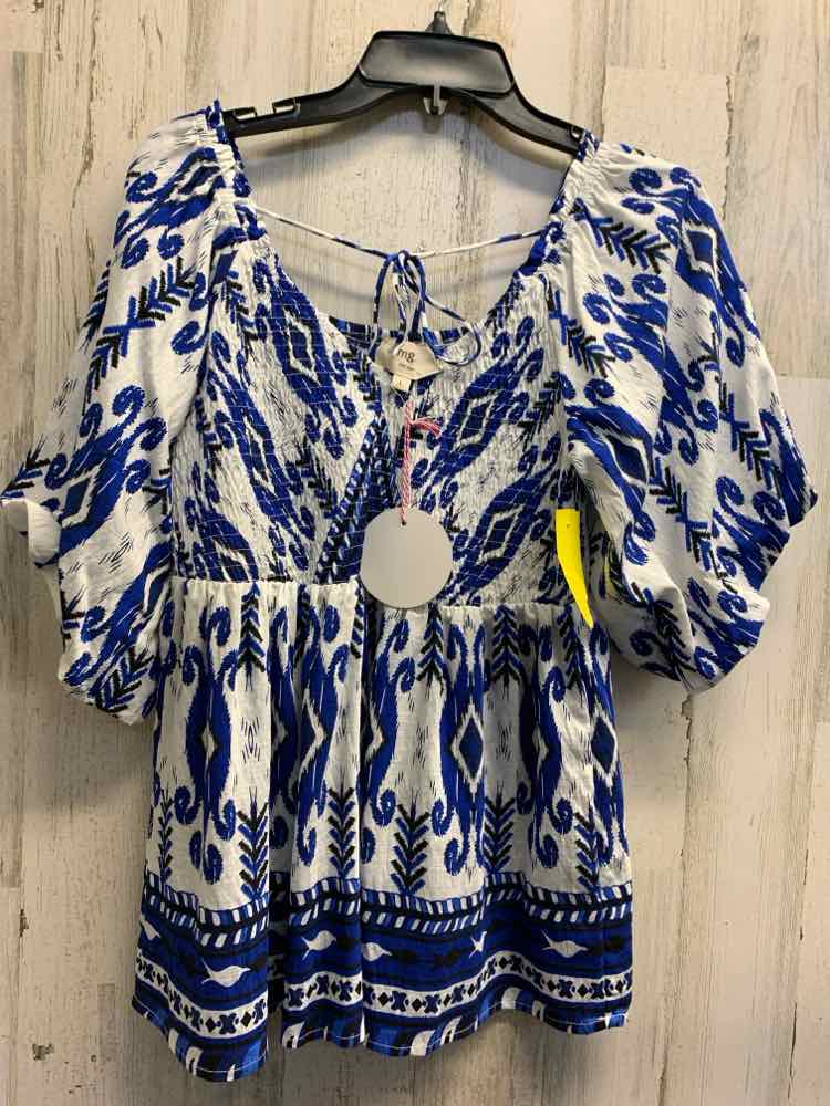 NWT UMGEE Tops Size L BLUE/BLACK/WHITE/GREEN ABSTRACT PUFF SLEEVES Blouse/RUCHED