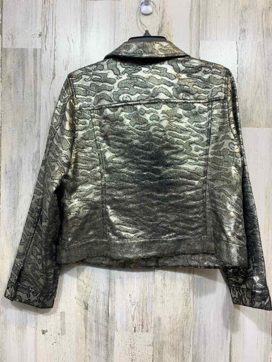 CHICO'S/METALLIC SILVER/BLACK PATTERNED DENIM STYLE JACKET