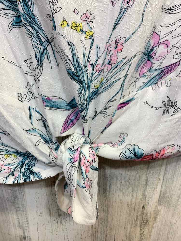 PRE-OWNED BUFFLO Tops Size L WHT/TEAL/PRPL/PINK/BLCK Floral TIES ON FRONT Shirt/