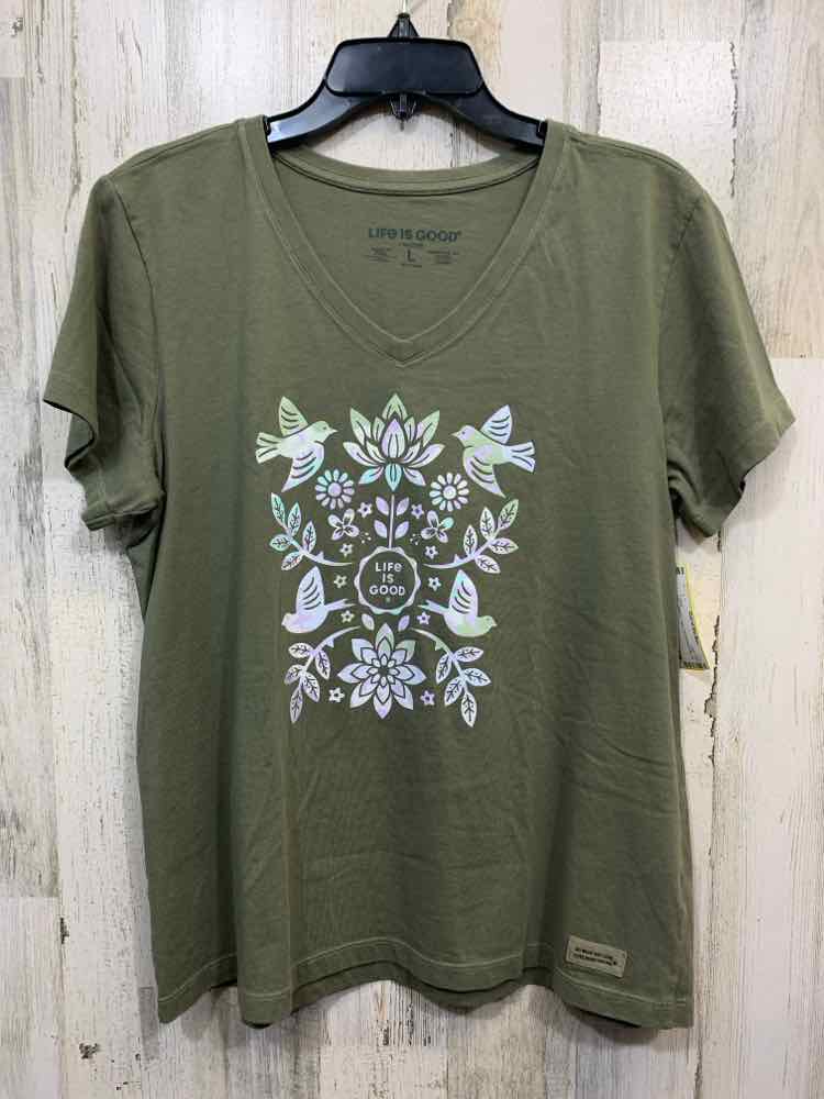 PRE-OWNED LIFE IS GOOD Tops Size L OLIVE/LILAC/BLUE VNECK T-shirt/BIRDS ON FRONT