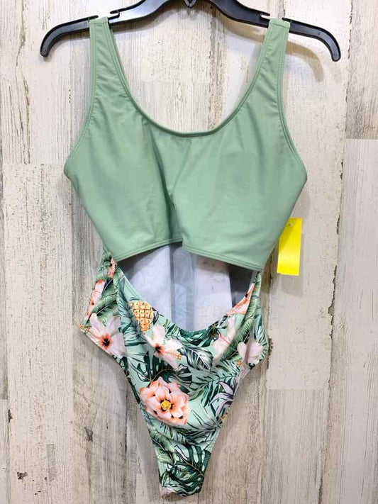 PRE-OWNED Swimwear Size L PASTEL GREEN/PEACH/WHITE TROPICAL ONE PIECE Swimsuit/T