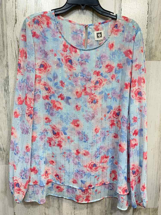 PRE-OWNED ANNE KLEIN Tops Size XL BLUE/PINK/LVDR/SILVER Floral Blouse/FLORAL LON