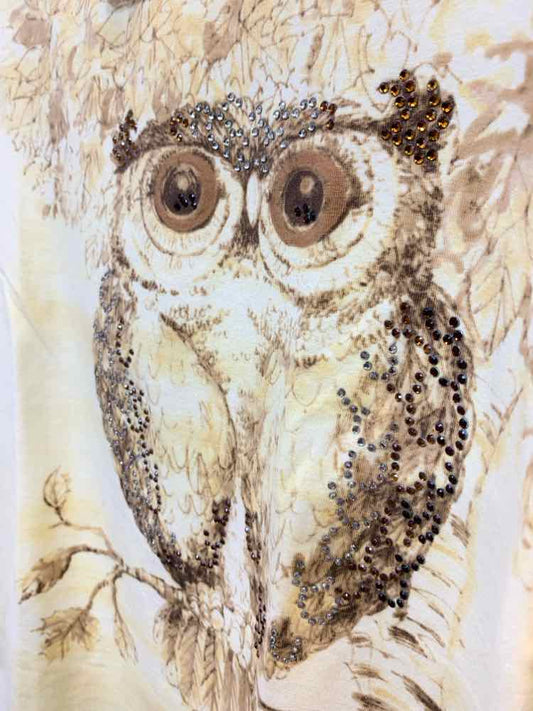PRE-OWNED CHICO'S/OWL PRINT RHINESTONE EMBELLISHED 3/4 SLEEVE TEE