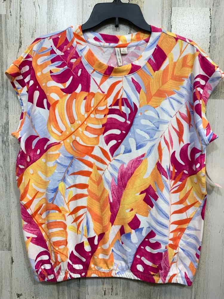 PRE-OWNED CATO Tops Size L WHT/LHT BLU/FUSH/ORNGE TROPICAL SHORT SLEEVES Shirt/S