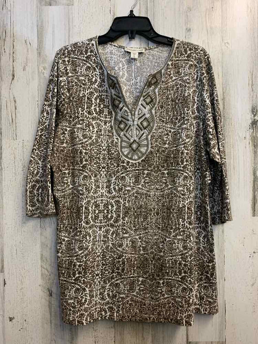 COLDWATER CREEK Tops Size XL TAUPE/WHT/BGE FILIGREE 3/4 LENGTH TOP