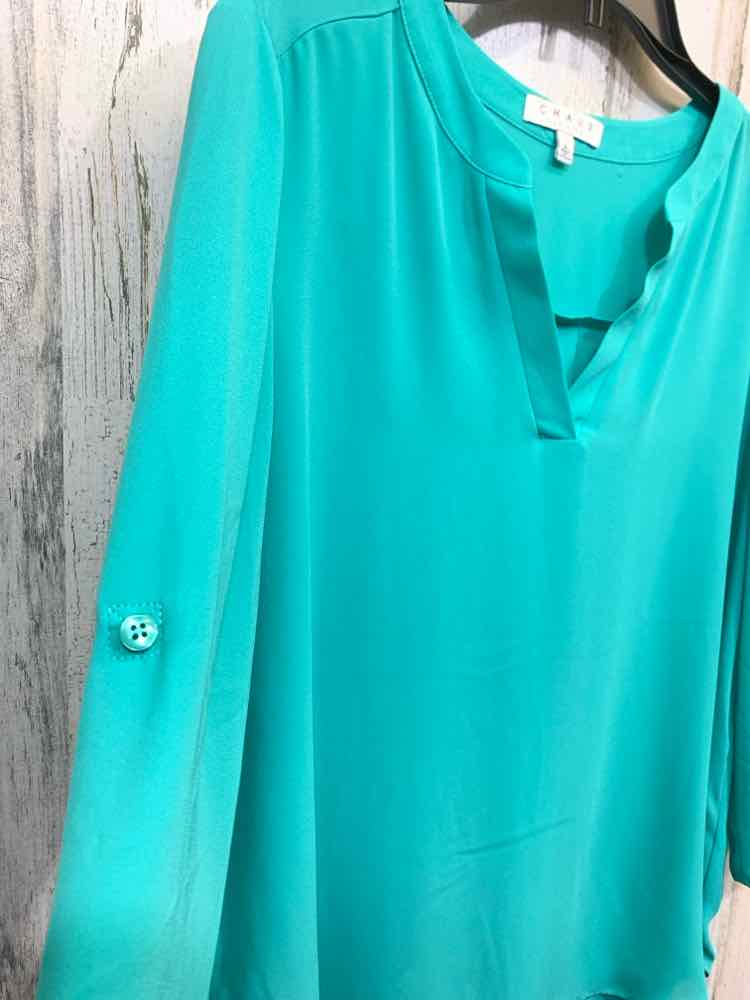 PRE-OWNED CHAUS Tops Size L MINT GREEN TAB SLEEVE Blouse