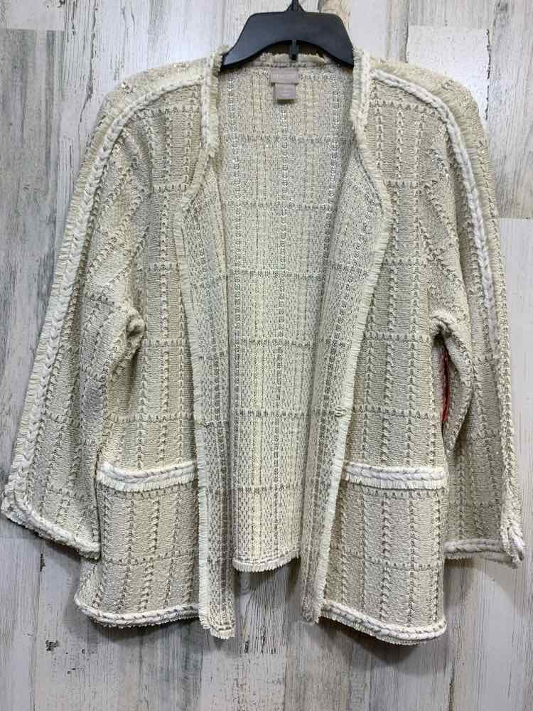 PRE-OWNED CHICO'S Size 3 JACKETS / COATS Cream TWEED 3/4 SLEEVE Blazer
