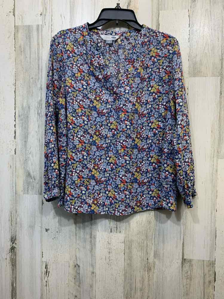 PRE-OWNED OLD NAVY Tops Size M WHT/NVY/CORAL Floral 3/4 CROSS ZIP/V NECK Blouse