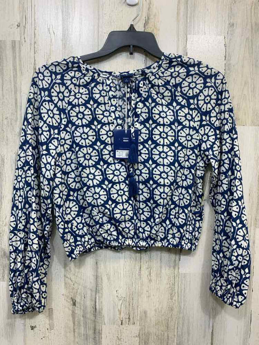 NWT ROLLER RABBIT Tops Size S BLUE/WHT CROP Blouse/3/4 SLEEVES TIE DETAIL