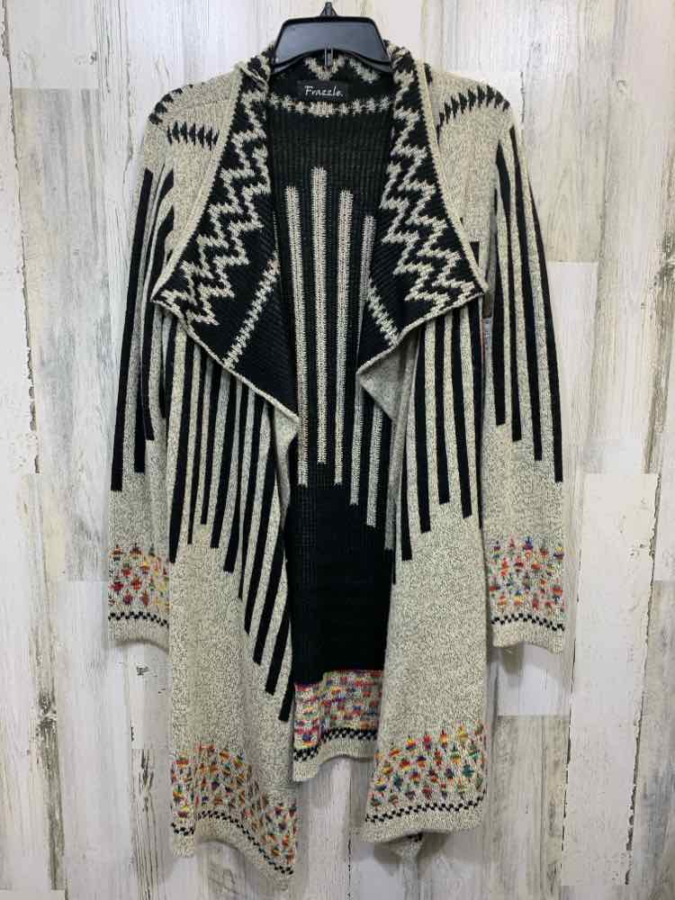 PRE-OWNED FRAZZLE Tops Size M BEG/BLK TRIBAL CARDIGAN Cardigan/OPEN FRONT BEIGE/